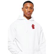 a cute guy wearing the white hooded sweatshirt with a patch on the left chest that reads"Do What You Love"