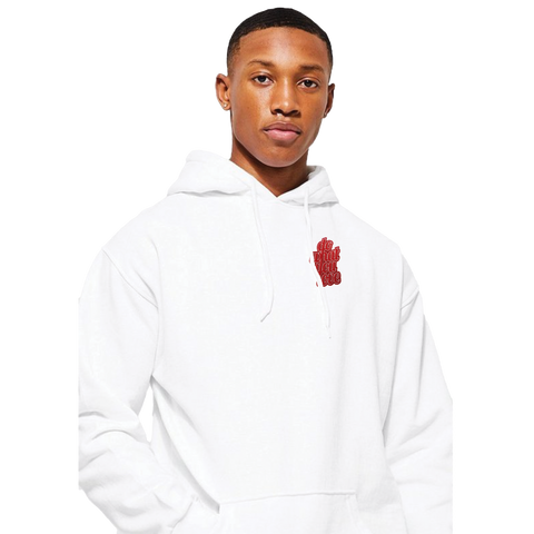 a cute guy wearing the white hooded sweatshirt with a patch on the left chest that reads"Do What You Love"