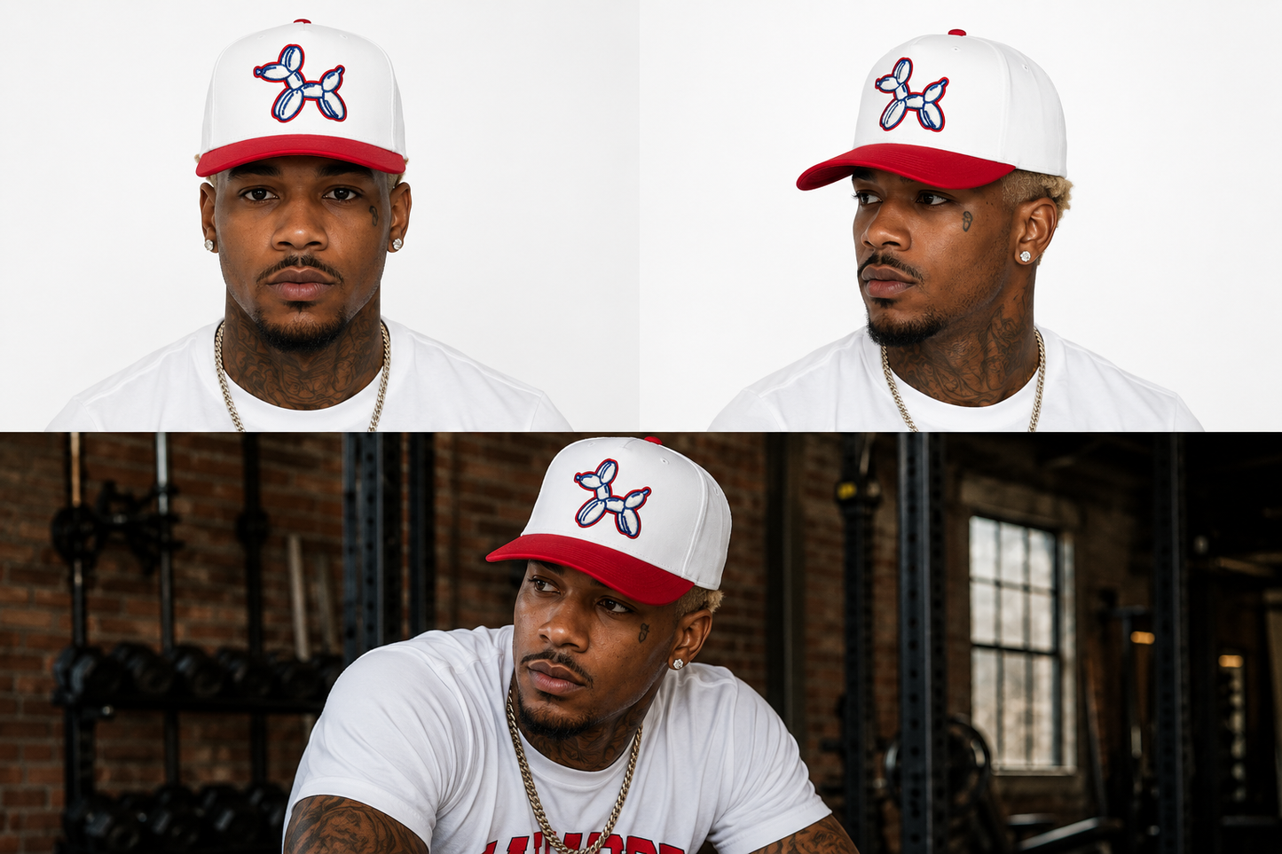 A three-panel collage showing a man wearing a white baseball cap with a red brim and a red-and-white logo, paired with a white T-shirt and gold chain in both studio and gym settings.