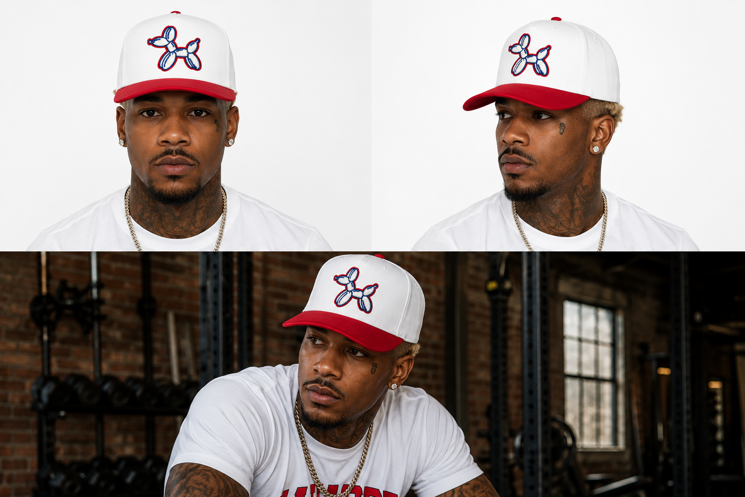 A three-panel collage showing a man wearing a white baseball cap with a red brim and a red-and-white logo, paired with a white T-shirt and gold chain in both studio and gym settings.
